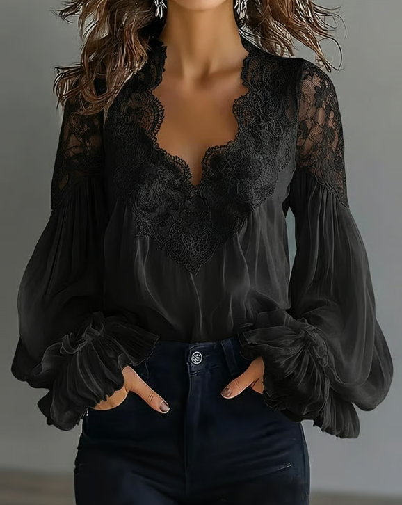 Marjo – Blusa con Encaje Floral y Mangas Farol