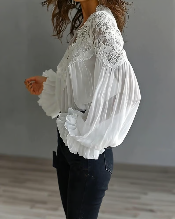 Marjo – Blusa con Encaje Floral y Mangas Farol