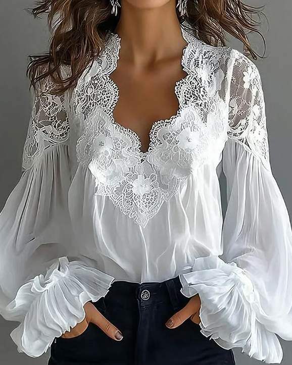 Marjo – Blusa con Encaje Floral y Mangas Farol