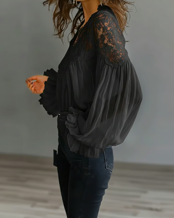 Marjo – Blusa con Encaje Floral y Mangas Farol