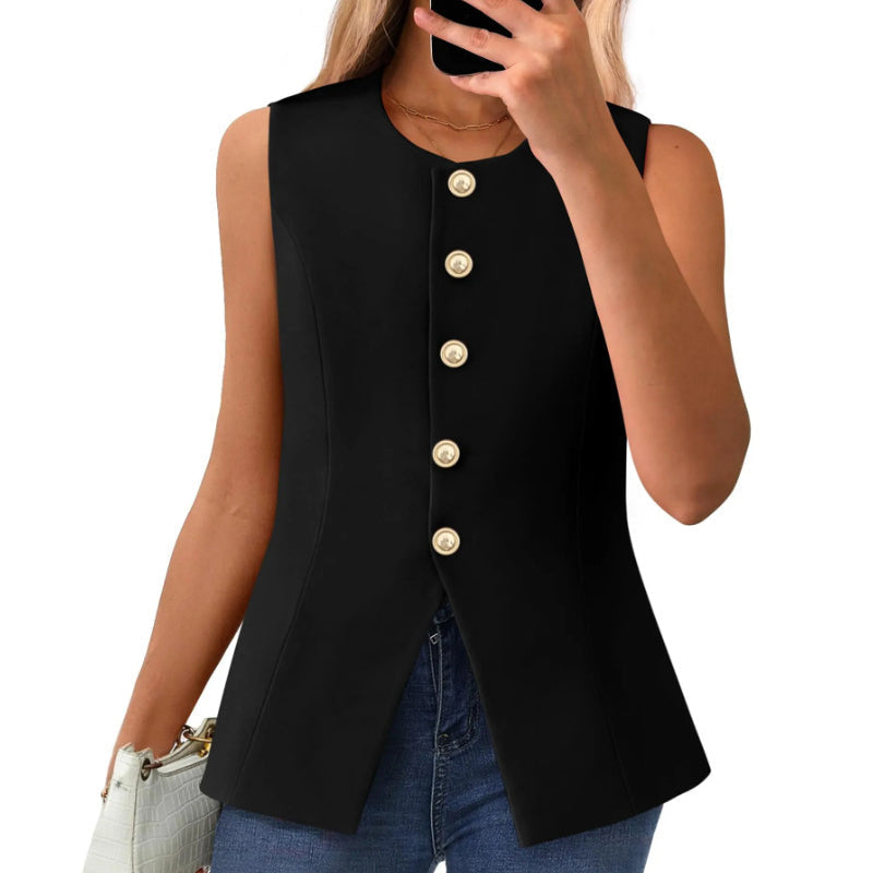 Chaleco de traje para mujer con cuello redondo y botonadura