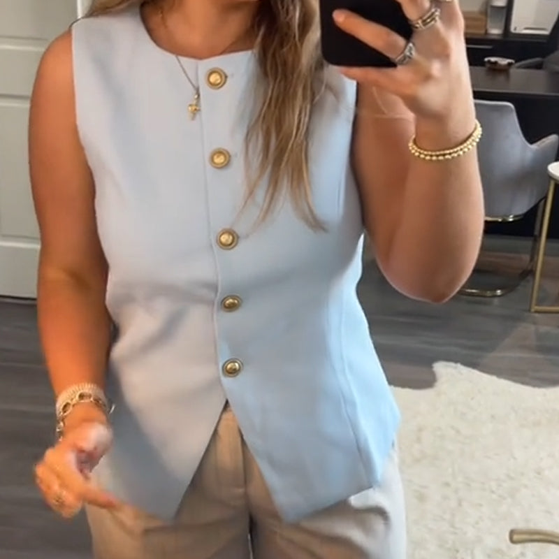 Chaleco de traje para mujer con cuello redondo y botonadura