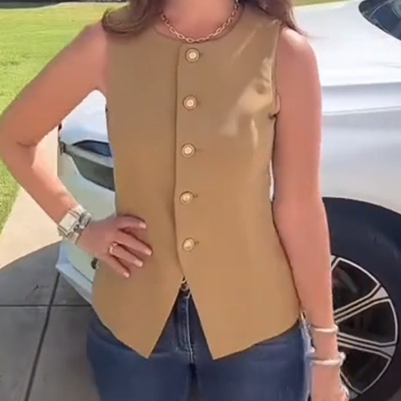Chaleco de traje para mujer con cuello redondo y botonadura