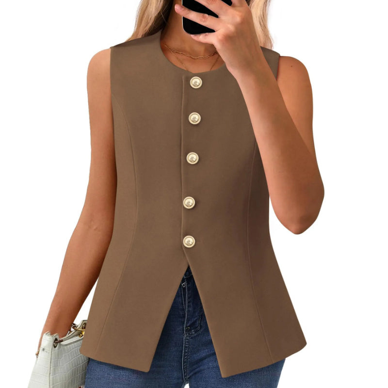 Chaleco de traje para mujer con cuello redondo y botonadura
