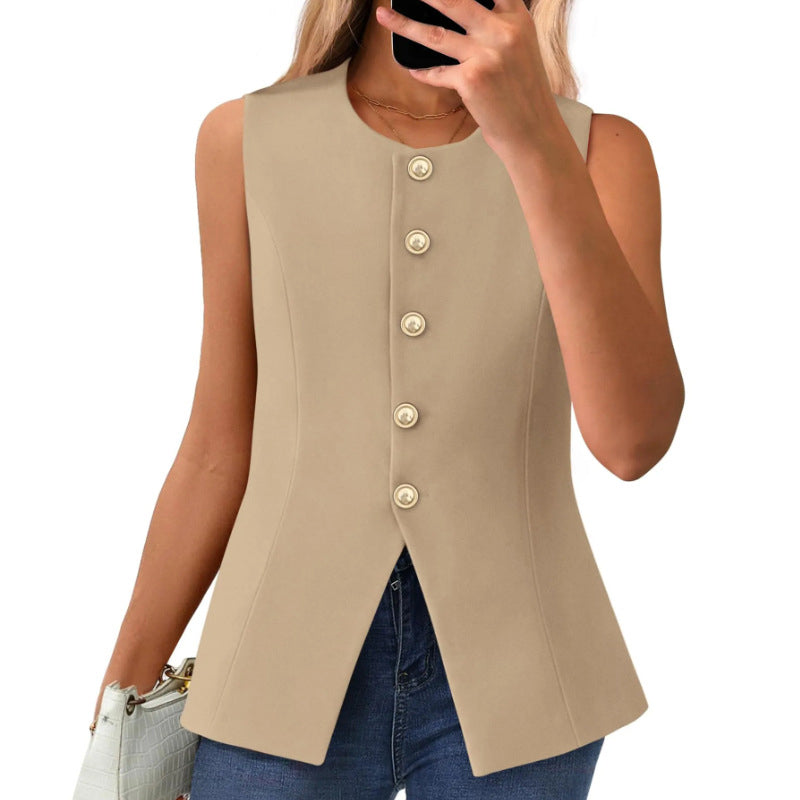 Chaleco de traje para mujer con cuello redondo y botonadura