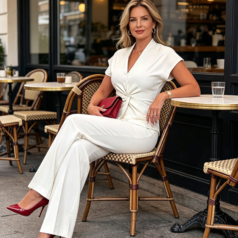 Conjunto Elegante de Top Escote en V y Pantalón Ancho para Mujer