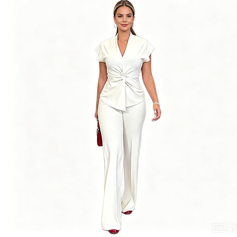Conjunto Elegante de Top Escote en V y Pantalón Ancho para Mujer
