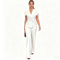 Conjunto Elegante de Top Escote en V y Pantalón Ancho para Mujer