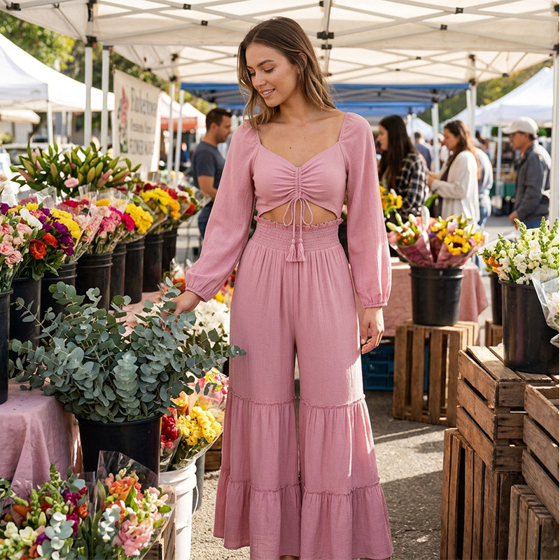 Conjunto de Crop Top y Pantalón Acampanado para Mujer – Casual, Cómodo y Perfecto para Verano, Día a Día y Tiempo Libre