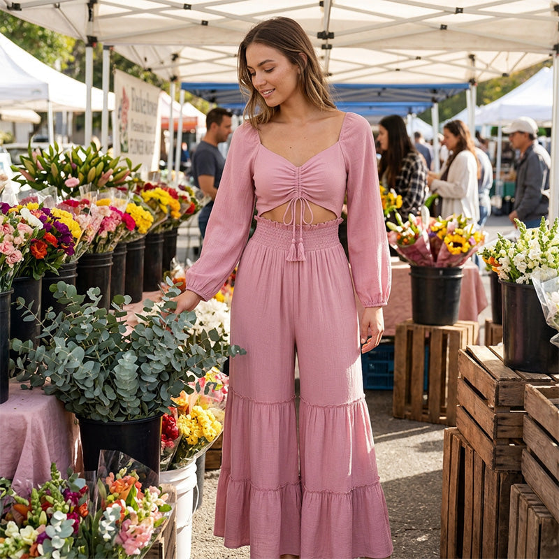 Conjunto de Crop Top y Pantalón Acampanado para Mujer – Casual, Cómodo y Perfecto para Verano, Día a Día y Tiempo Libre