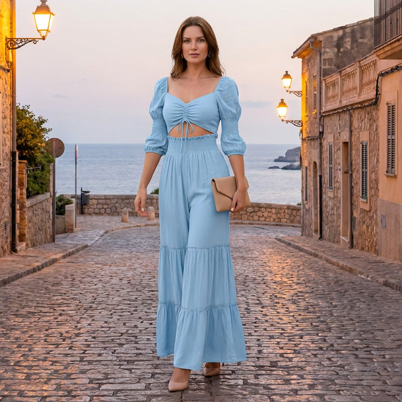Conjunto de Crop Top y Pantalón Acampanado para Mujer – Casual, Cómodo y Perfecto para Verano, Día a Día y Tiempo Libre
