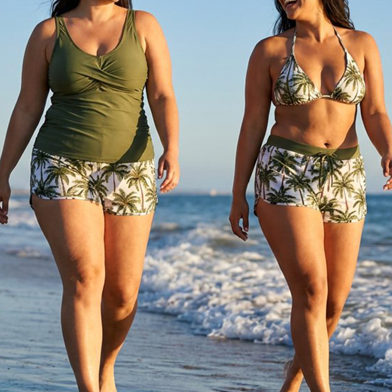 🏖️ Rebajas de Verano 60% Dto. 🏝️👙Set de Baño 3 Piezas – Top Tankini, Bikini Halter & Bañador Corto con Estampado de Palmeras, Favorecedor para Playa y Piscina 🏊