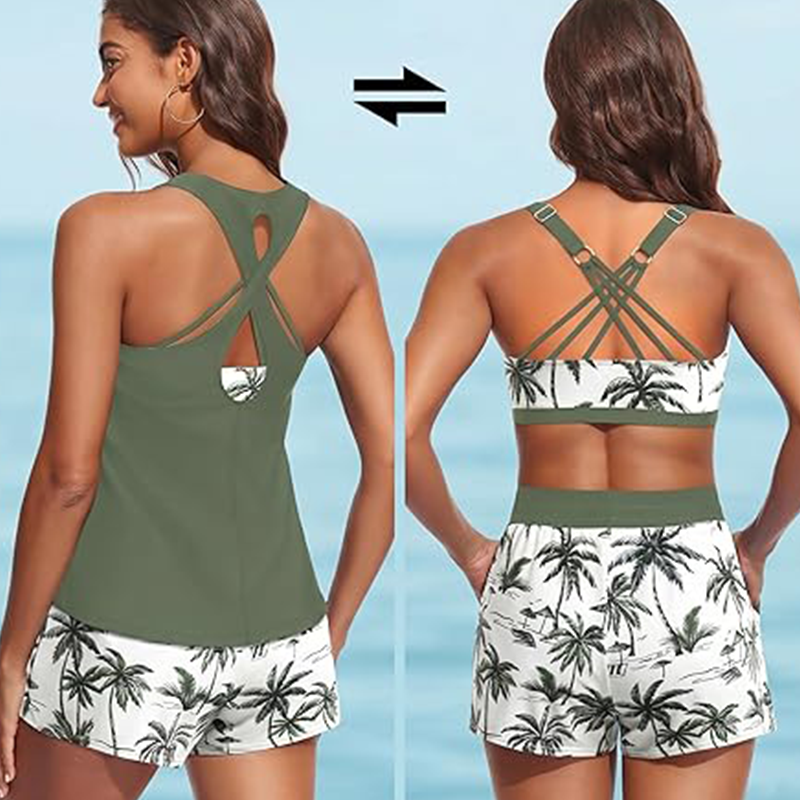 🏖️ Rebajas de Verano 60% Dto. 🏝️👙Set de Baño 3 Piezas – Top Tankini, Bikini Halter & Bañador Corto con Estampado de Palmeras, Favorecedor para Playa y Piscina 🏊