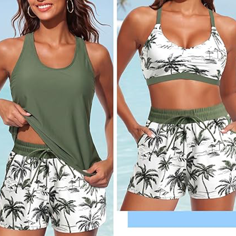 🏖️ Rebajas de Verano 60% Dto. 🏝️👙Set de Baño 3 Piezas – Top Tankini, Bikini Halter & Bañador Corto con Estampado de Palmeras, Favorecedor para Playa y Piscina 🏊