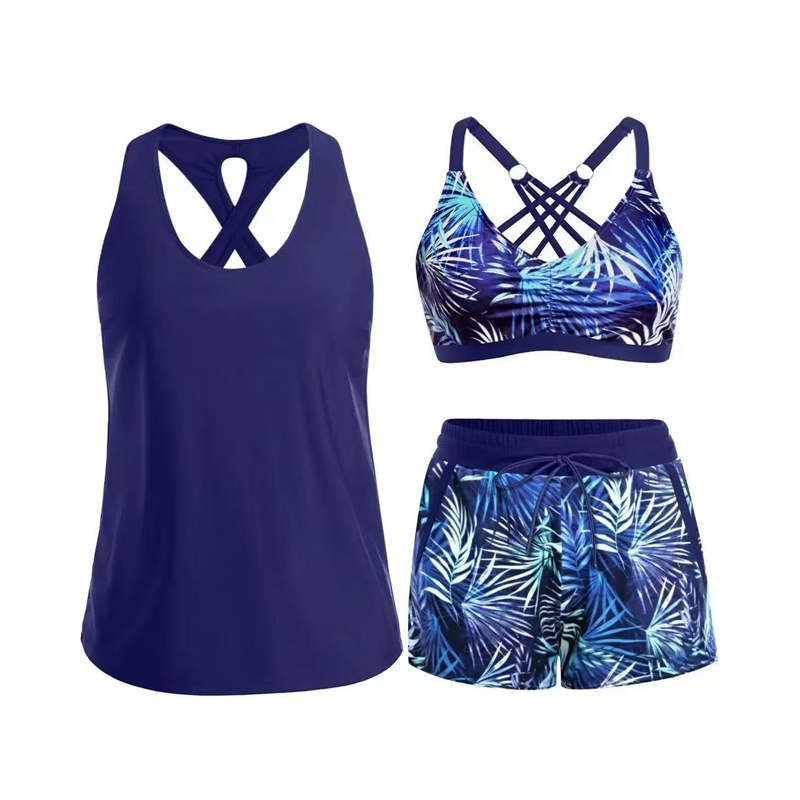 🏖️ Rebajas de Verano 60% Dto. 🏝️👙Set de Baño 3 Piezas – Top Tankini, Bikini Halter & Bañador Corto con Estampado de Palmeras, Favorecedor para Playa y Piscina 🏊