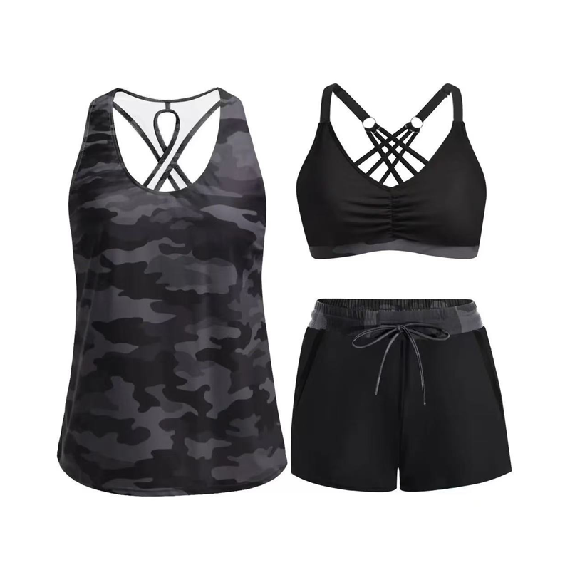 🏖️ Rebajas de Verano 60% Dto. 🏝️👙Set de Baño 3 Piezas – Top Tankini, Bikini Halter & Bañador Corto con Estampado de Palmeras, Favorecedor para Playa y Piscina 🏊
