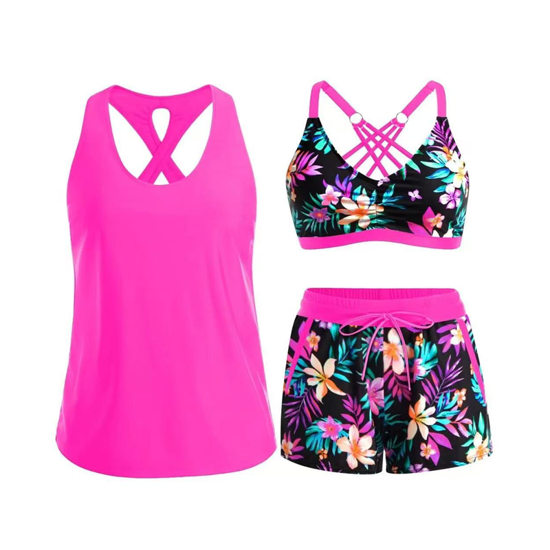 🏖️ Rebajas de Verano 60% Dto. 🏝️👙Set de Baño 3 Piezas – Top Tankini, Bikini Halter & Bañador Corto con Estampado de Palmeras, Favorecedor para Playa y Piscina 🏊