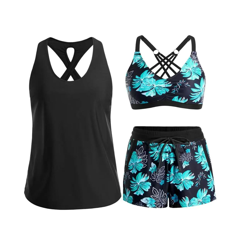 🏖️ Rebajas de Verano 60% Dto. 🏝️👙Set de Baño 3 Piezas – Top Tankini, Bikini Halter & Bañador Corto con Estampado de Palmeras, Favorecedor para Playa y Piscina 🏊