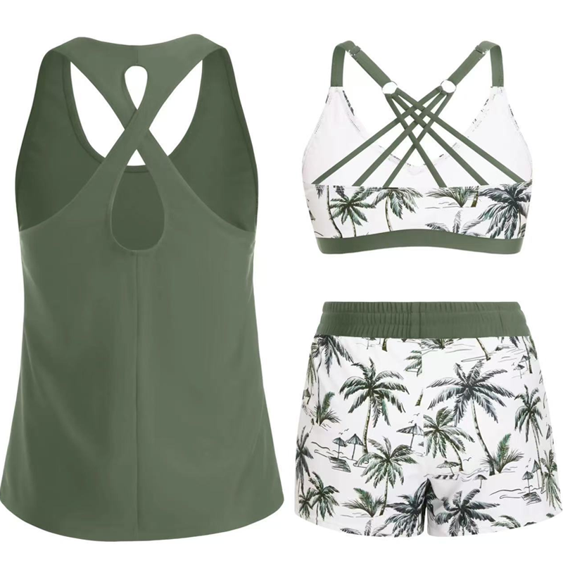 🏖️ Rebajas de Verano 60% Dto. 🏝️👙Set de Baño 3 Piezas – Top Tankini, Bikini Halter & Bañador Corto con Estampado de Palmeras, Favorecedor para Playa y Piscina 🏊